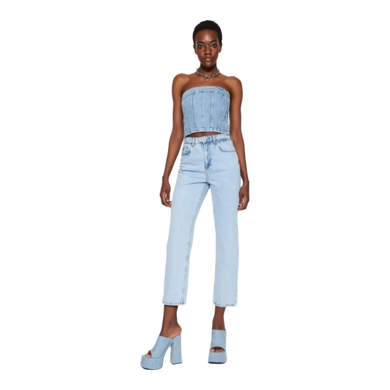 Women's Jeans Casual Double Side Pockets Beltless Denim Straight Leg Plain Zip fly Pants Fashion Clothing