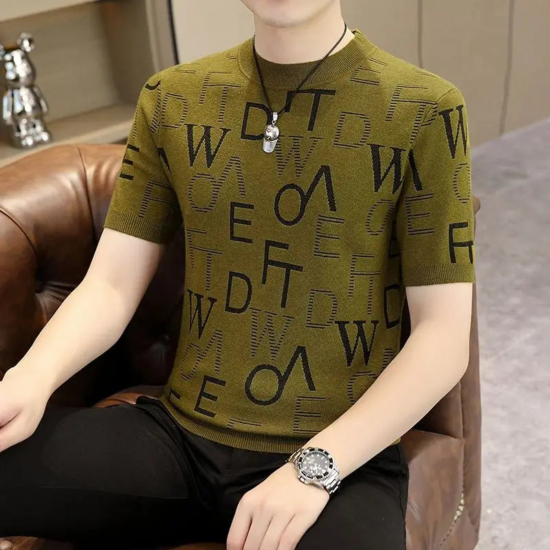 Trend Fashion Autumn Winter New Men O-Neck Letter Printing Korean Casual All-match Short Sleeve Slim Pullovers Knit T-shirt Tops