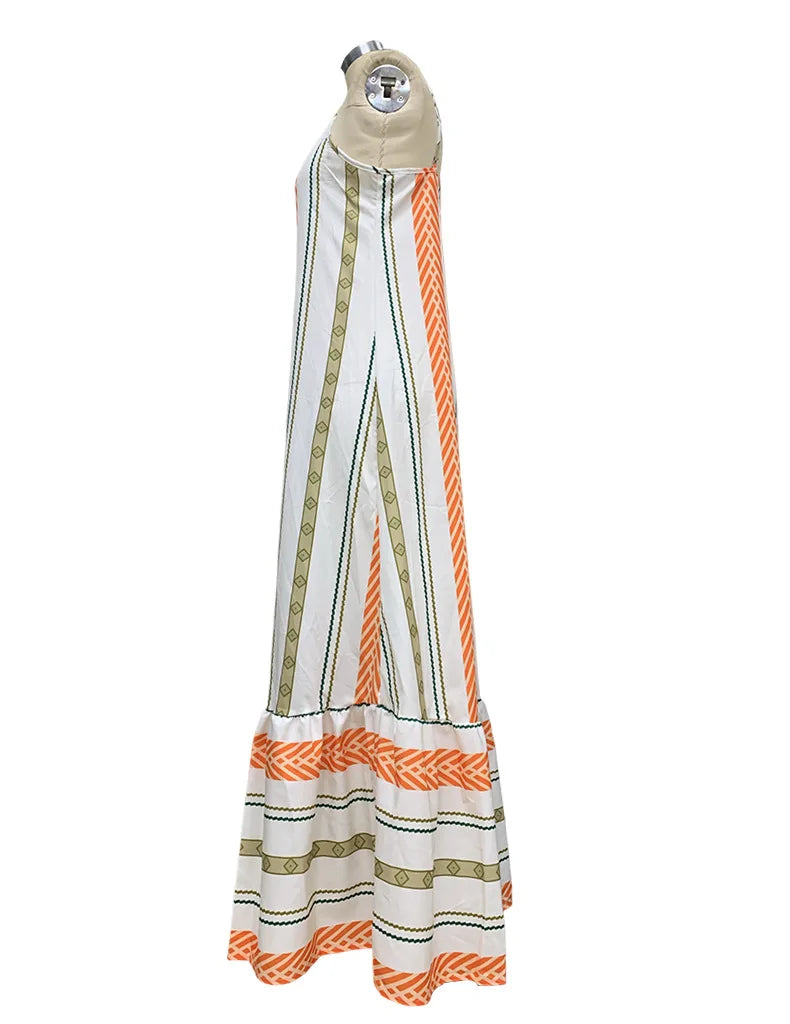 Striped Spaghetti Strape Dress Summer Casual Ladies Long Simple Backless Beach Sleeveless Party Dresses
