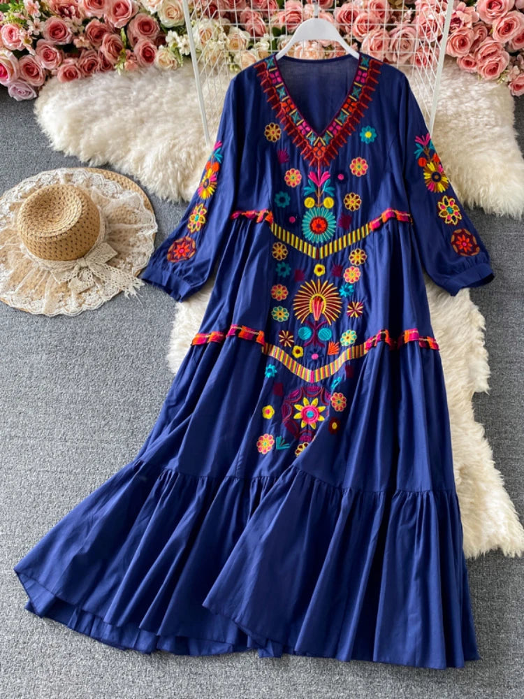 Vintage Chic Women Floral Embroidery Beach Bohemian Mini Dress Ladies Short Sleeve V-neck Cotton and Linen Boho Dresses Vestido