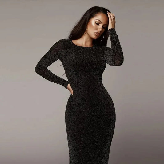 Women Long Sleeve Black Midi Party Dress