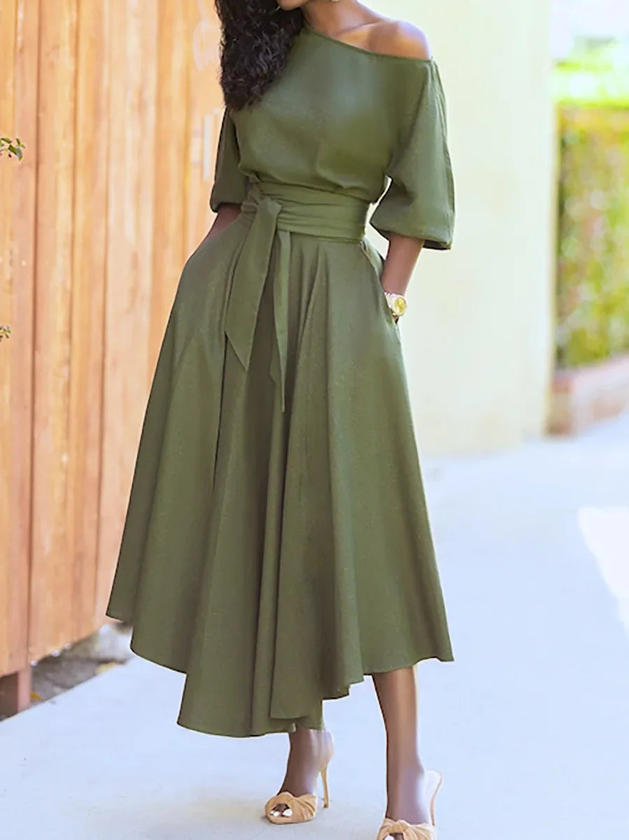 Women's S-2XL Size New Slanted Shoulder Collar Tie Waist Style Solid Color Dress Leopard print maxi dresses for women