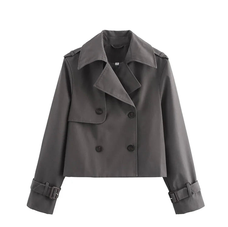 Women Vintage Casual Chic Solid Double Breasted Turn-down Collar Long Sleeve Short Coat Jackets