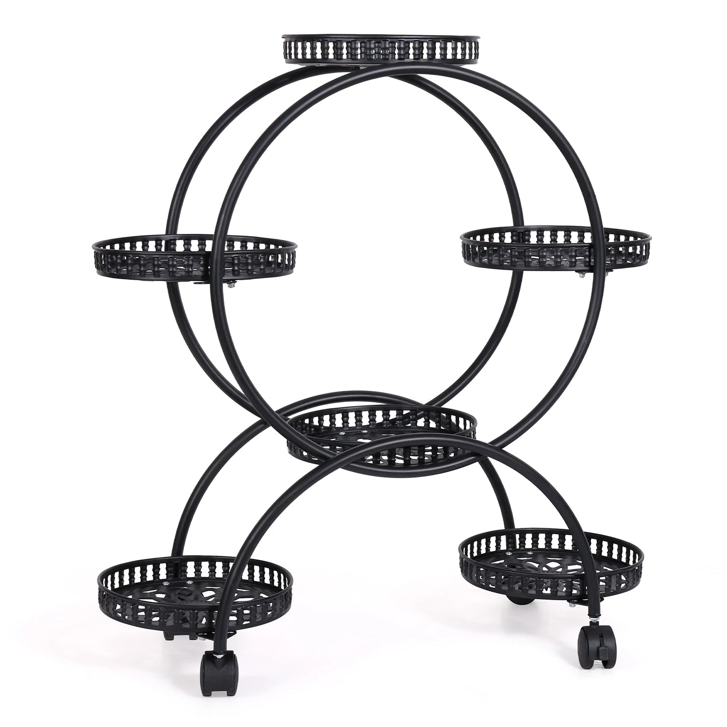unho 6 Potted Metal Plant Stand Garden Cart Wrought Iron Flower Pots Rack Holder Display Shelf with Wheels for Patio Porch