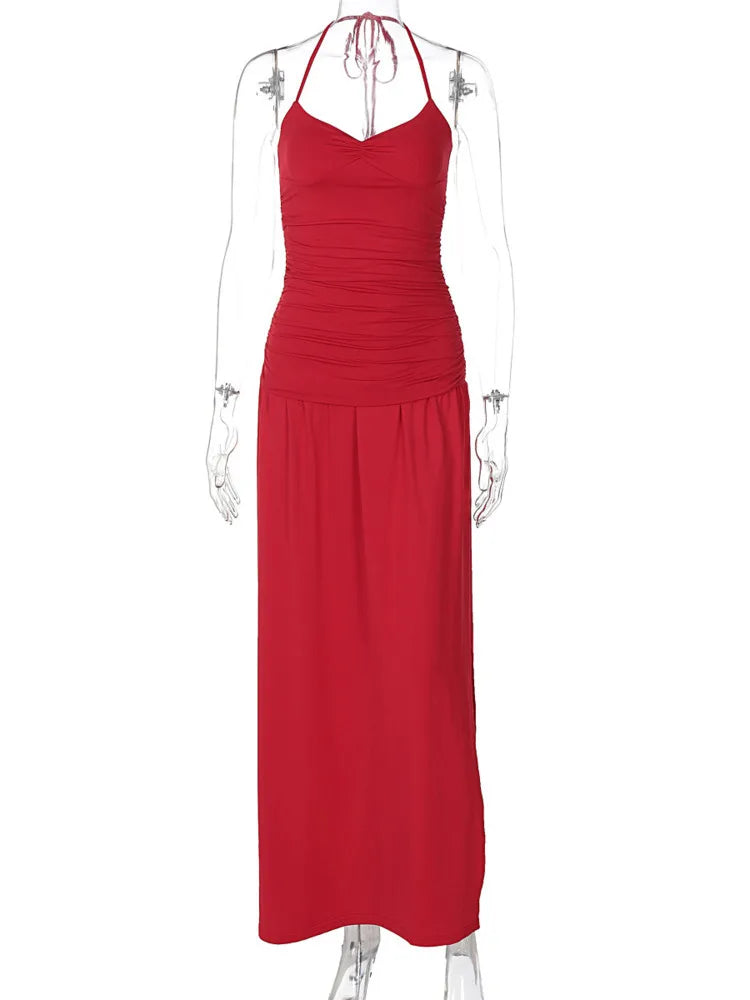 Women Halter sleeveless Spaghetti Strap Split Backless High Waist Bodycon Sexy Maxi Elegant Club Party Dress