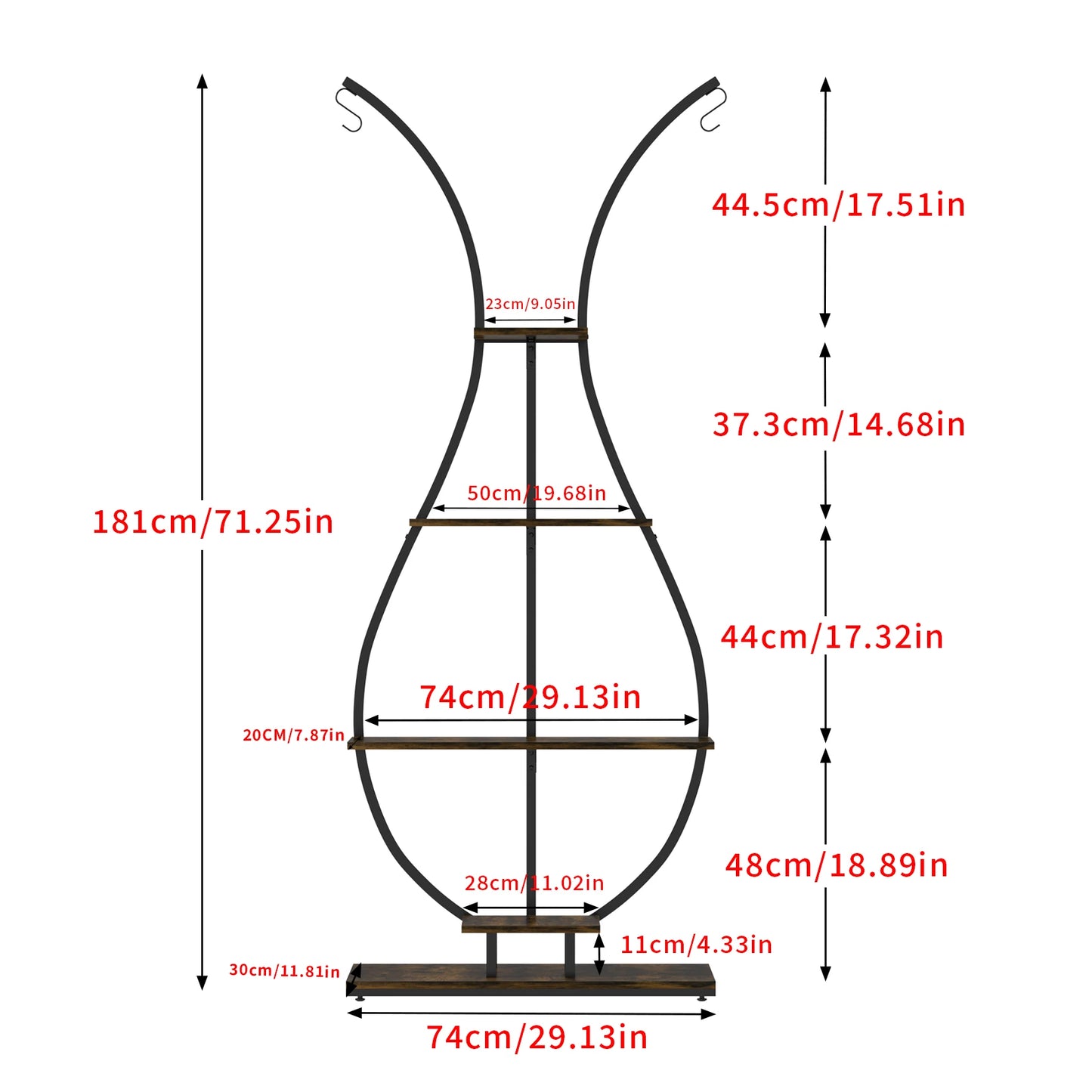 Vase Shape Tall Planter Display Rack Metal Garden Plant Stand with 5 Tiers and Hangers