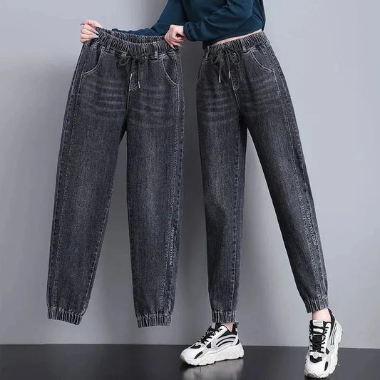 Women High Waist Denim Pants Harlan Elastic Waist Loose Casual Ankle long Pants