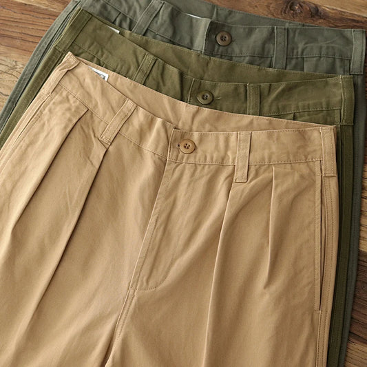 Autumn New American Retro Twill Pleat Chino Cargo Pants Men's Fashion 100% Cotton Washed Old Casual Straight Trousers