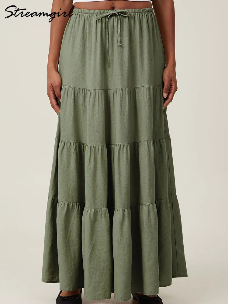 Brown Long Skirt Women Summer Cotton Ruffle Floral Skirt Woman Luxury Green Tie Up Loose White Women Long Skirts High Waisted
