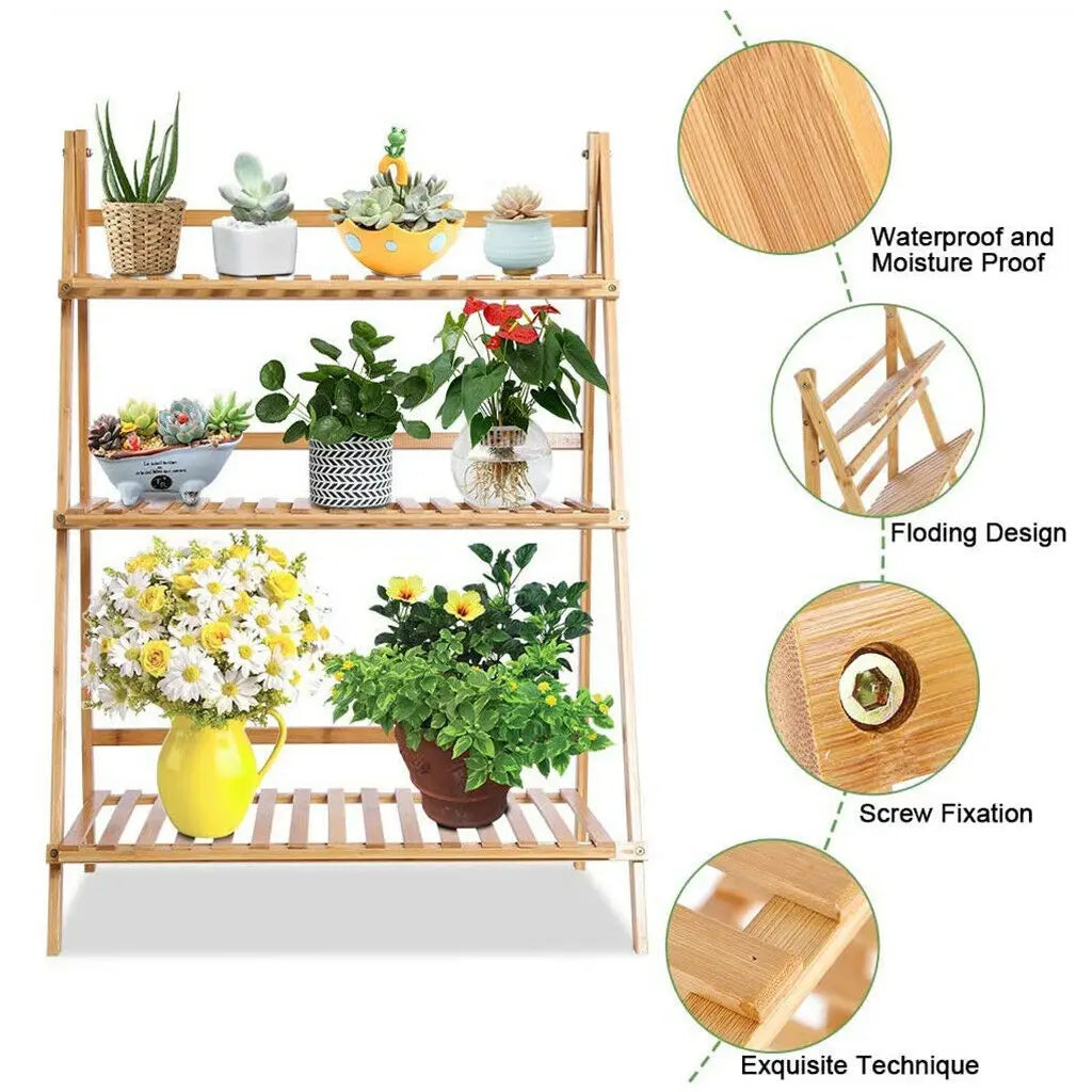 Bamboo Ladder Plant Stand Foldable Flower Pot Display Stand