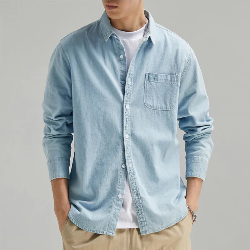New Four Seasons Men's Long Sleeve Denim Shirt Cotton Jacket No Ironing Casual Social Comfortable and Breathable 3 Colors