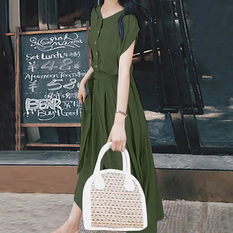2025 ZANZEA Women Fashion Short Sleeve Dress Summer Elegant Party Vestidos Casual Mid-calf Sundress Femme Vintage OL Robe Kaftan