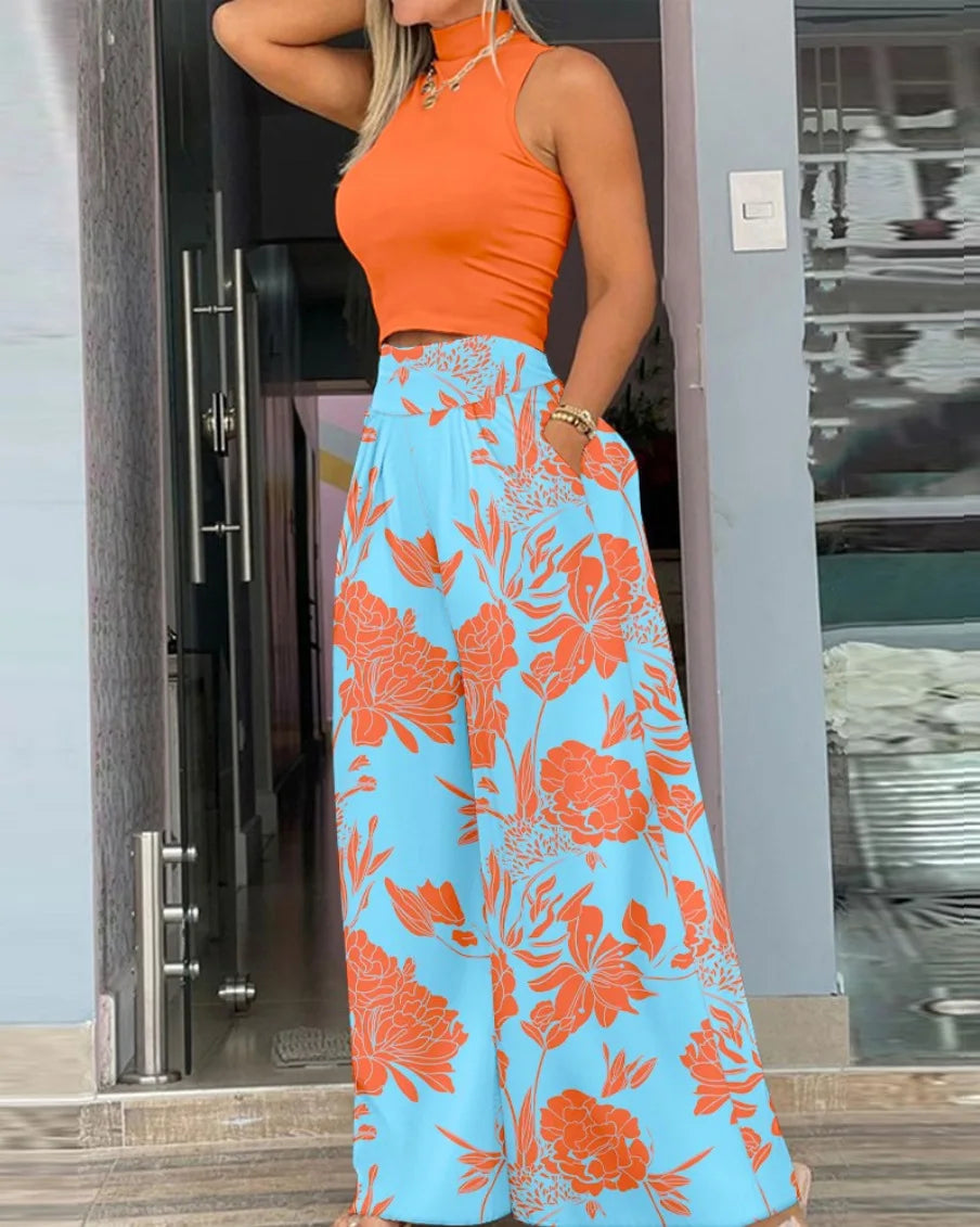 Fashions Two Piece Set Women Cropped Tight Solid Color Sleeveless Tops Loose Printed High Waist Wide Legs Trousers Suits MsChuh