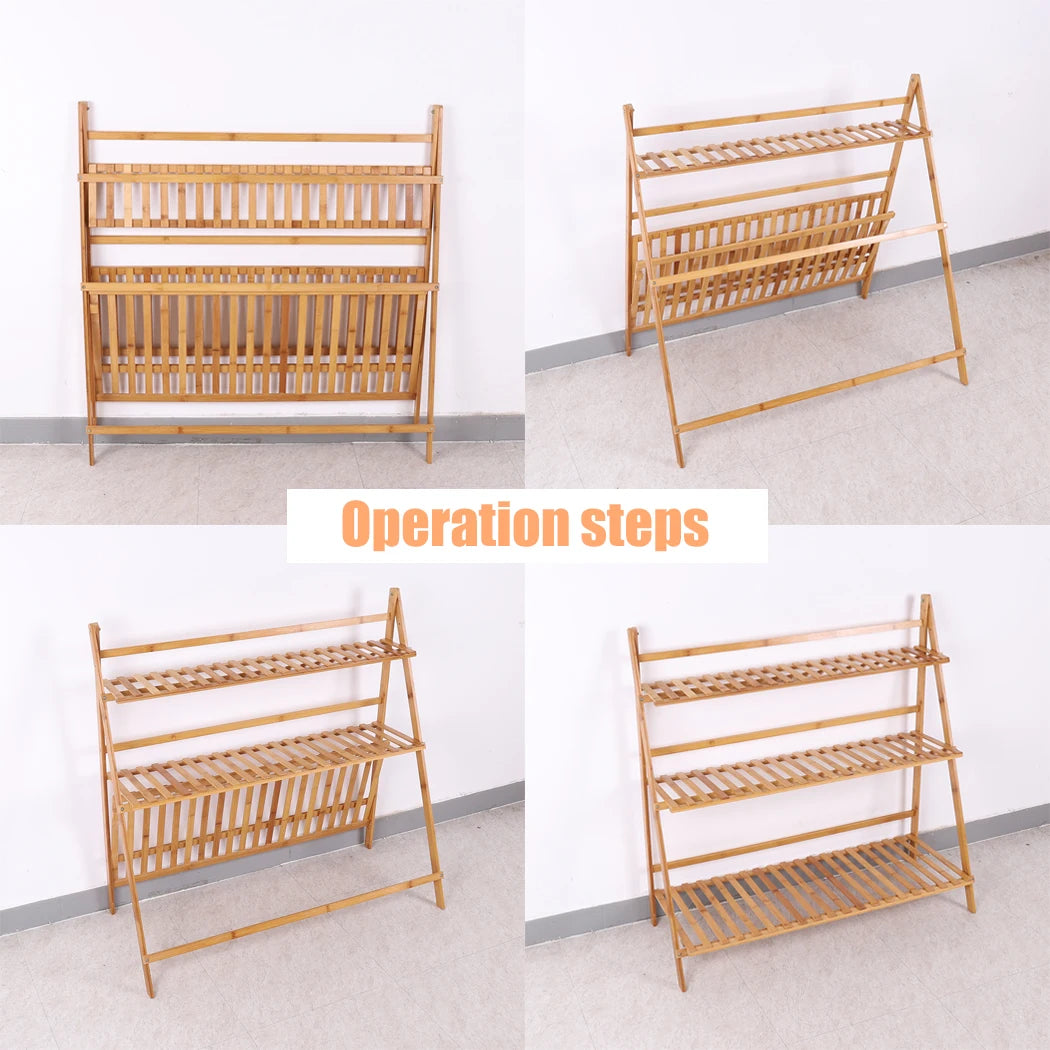 Bamboo Ladder Plant Stand Foldable Flower Pot Display Stand