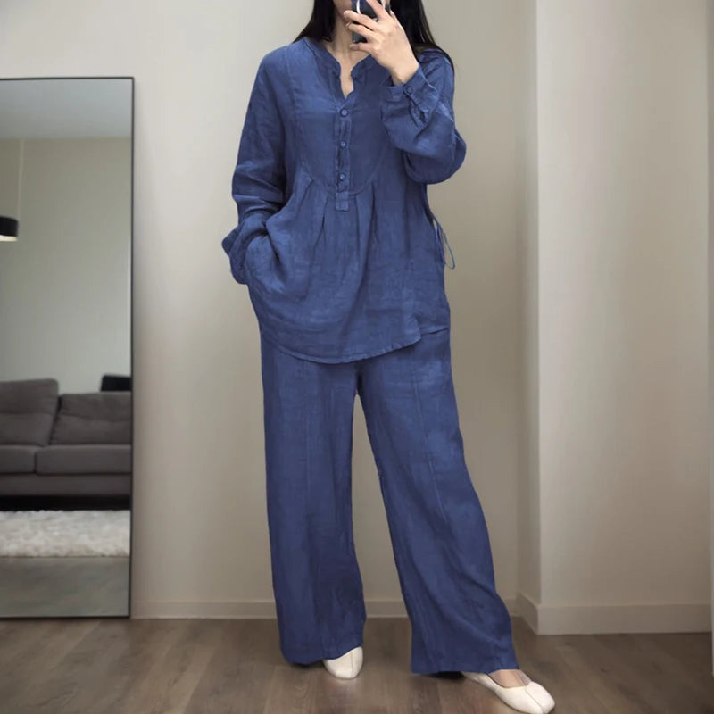 Women Fashion Folds Cotton Linen Half Breasted Long-sleeved Shirt Top And Wide Legs Pants Two Piece Set
