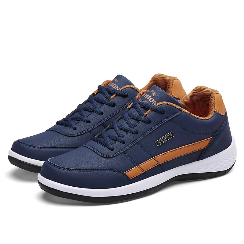 Leather Casual Shoes Outdoor Men Sneakers Breathable Business Casual Shoes Men Tennis Shoes Non-Slip PU Lace Up Size 13.5