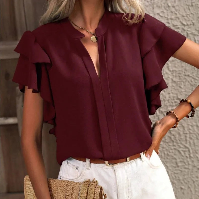 Women's Summer V-neck Casual Double Layered Ruffle Sleeves Solid Color Shirt Top Blouse
