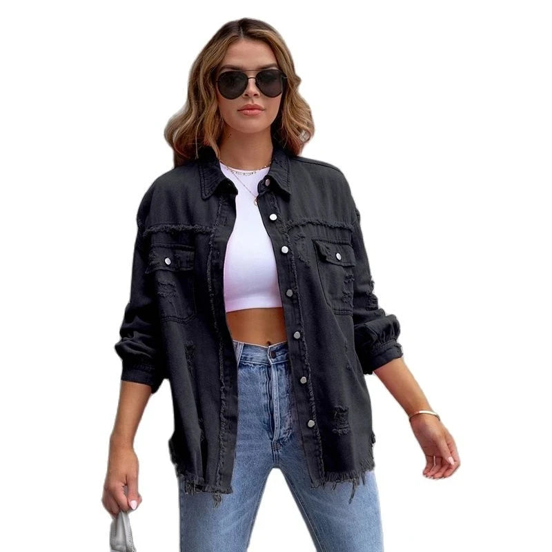 Raw-edges Denim Jacket Women Spring Autumn Shirt Style Jeans coat Casual Top Rose-Red Orange Purple Outerwear Lady Coat