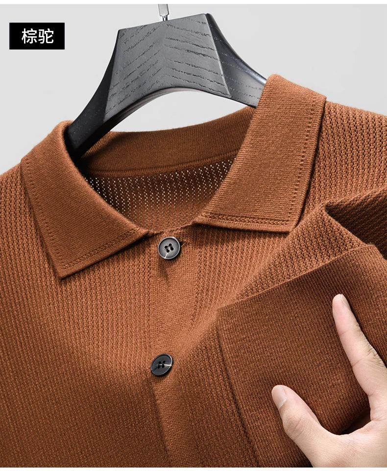 High-quality Men's Delicate Hollow Knit Cardigan, Lapel Single-breasted Button Autumn Sweater Versatile Knitwear for Daily Wear.