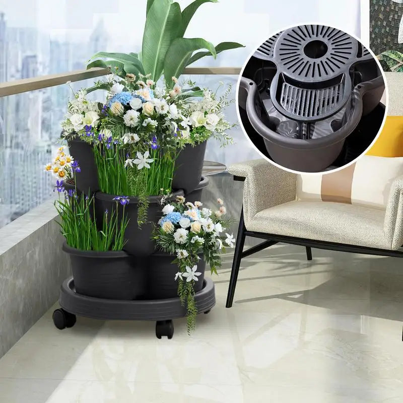 Stackable Planter Strawberry Vertical Stackable Tower Pot Gardening Planter With Removable Wheels For Succulents Flowers