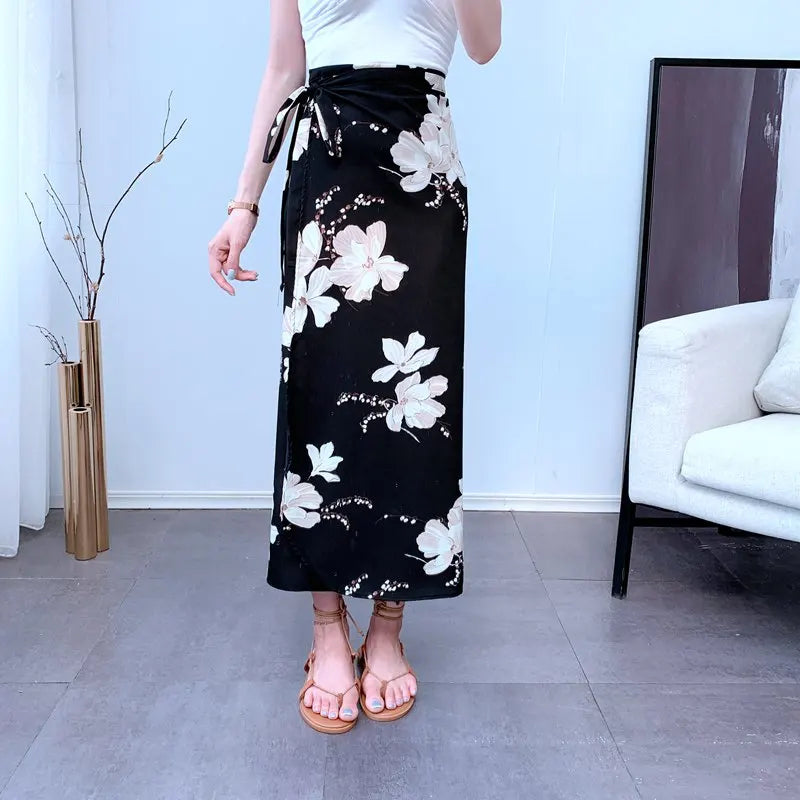 High Waist Long Skirt Wrap Dress Asymmetrical Hem Chiffon Floral Print Belted Midi Skirt for Short Women Summer Dress
