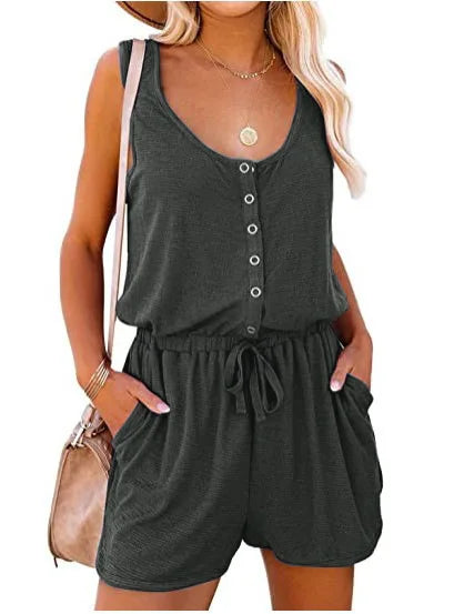 Women's Summer Cross-Border Sleeveless Jumpsuit With Waist Tied Casual Loose Wide leg Shorts