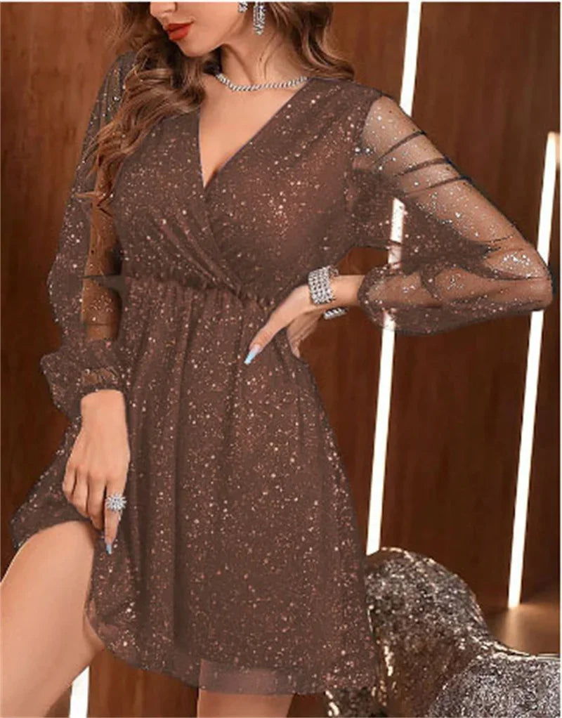 Elegant Mesh Splicing Long Sleeve Gown Women Party Fashion Glitter Deep V Neck Dress New Female Commuter High Waist Midi Dresses
