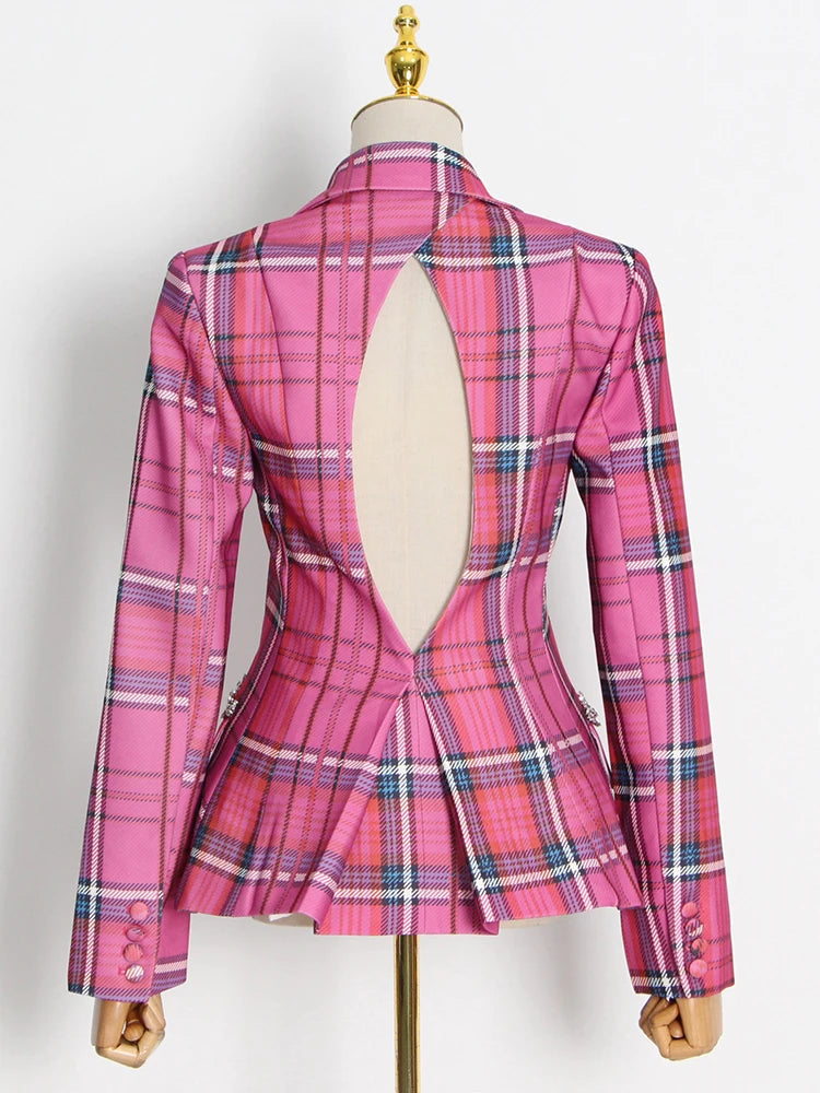 Women Slim Cut Out Back Lapel Long Sleeve Rose Plaid Blazers Coat