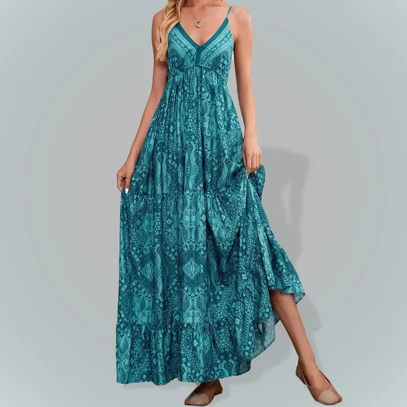 Vintage Printed Bohemian Women V-Neck Party Long Dresses Beach Elegant Sleeveless Spaghetti Strap Sexy Maxi Sundress