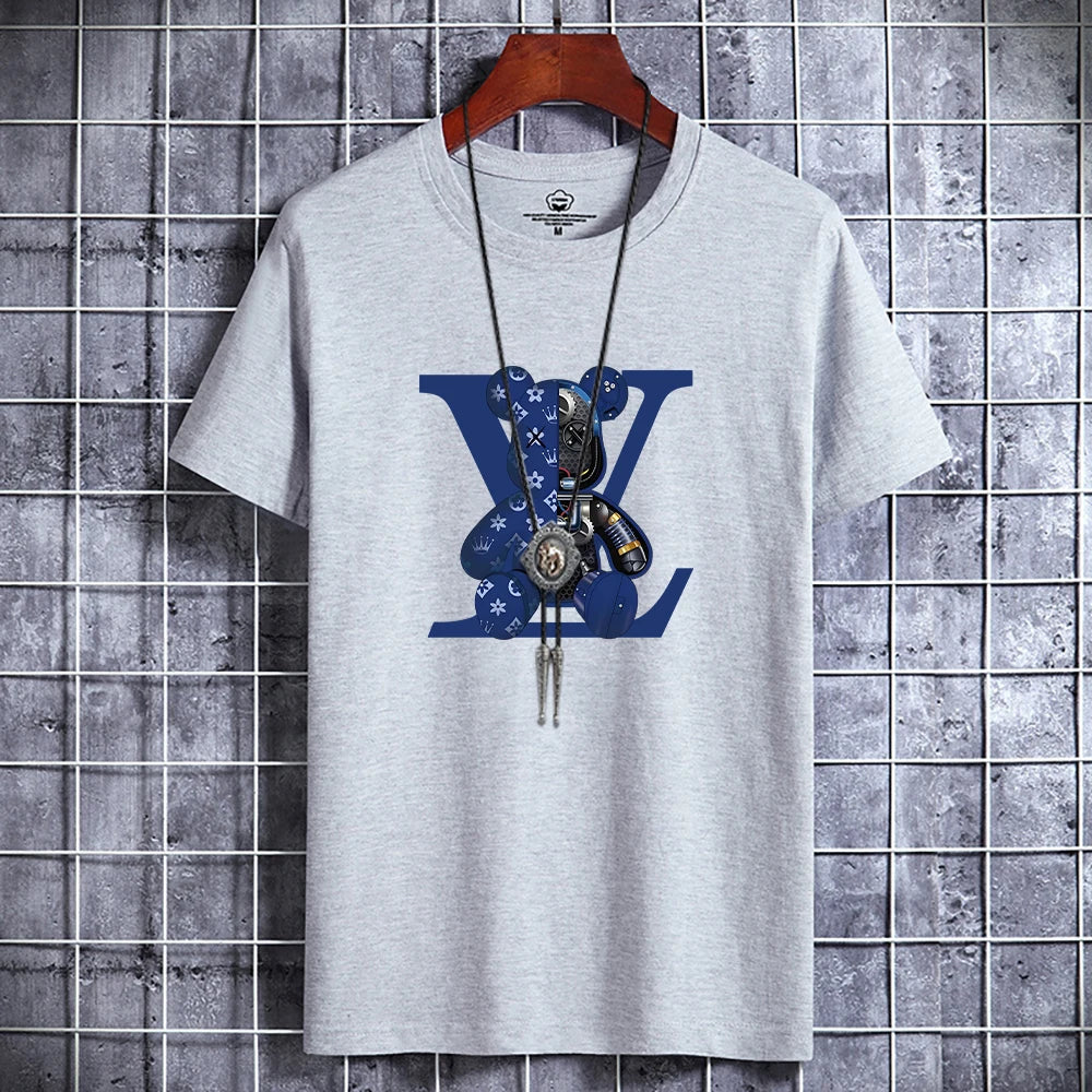 Summer Men's Luxury Casual T-Shirt Retro Y2k Designer Short Sleeve Tees Male Vintage Cotton Trendy High Quality Bear Print Tops