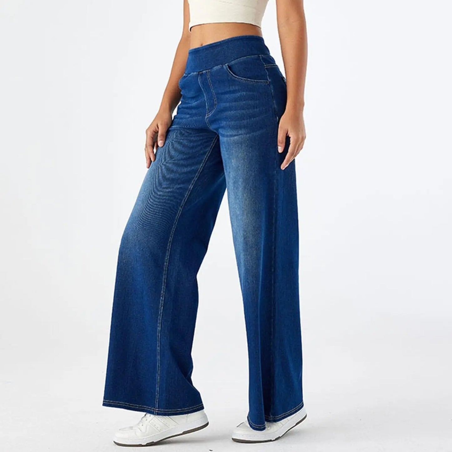 Women Jeans Denim Pant Wide Leg Streetwear Elastic Waist Straight Trousers