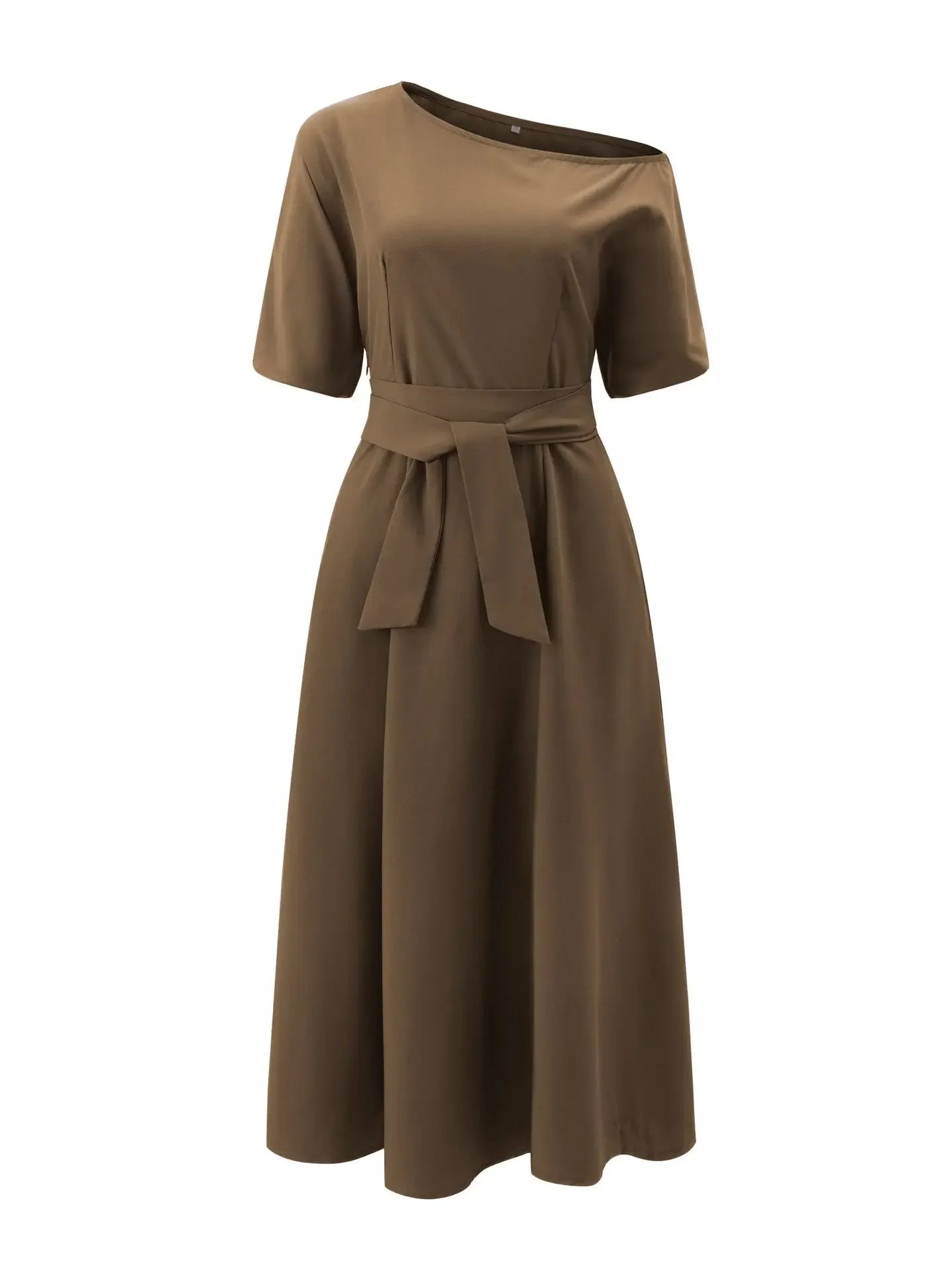 Women's S-2XL Size New Slanted Shoulder Collar Tie Waist Style Solid Color Dress Leopard print maxi dresses for women