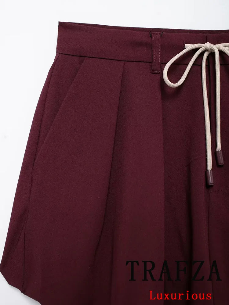 TRAFZA Vintage Casual Chic Solid Women Suit Turn-down Collar Zipper Jackets Drawstring Mini Skirt New Fashion 2024 Autumn Suit