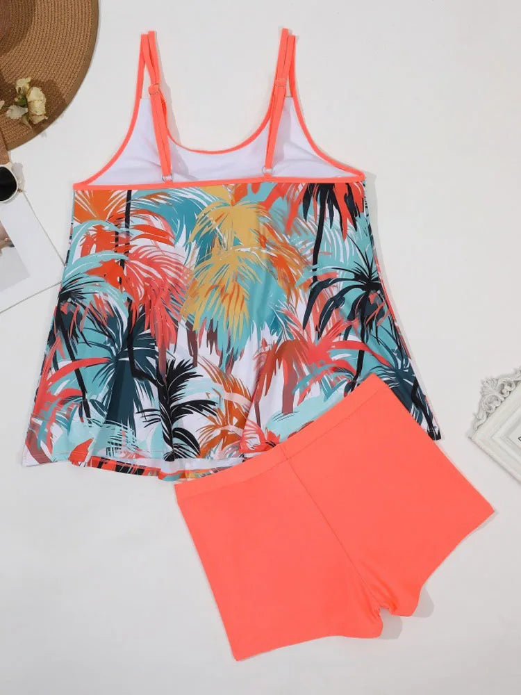 VigoJany 2025 Sexy Print 2 Piece Plus Size Tankini Women Strapped Hollow Curvy Swimsuit Brazilian Beach Lady Big Bathing Suit