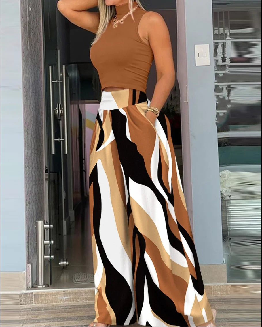 Fashions Two Piece Set Women Cropped Tight Solid Color Sleeveless Tops Loose Printed High Waist Wide Legs Trousers Suits MsChuh