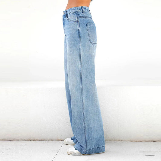 Retro Washed Jeans Women High Waist Wide Leg Denim Pants Solid Color Blue Baggy Jeans Streetwear Y2k Trousers