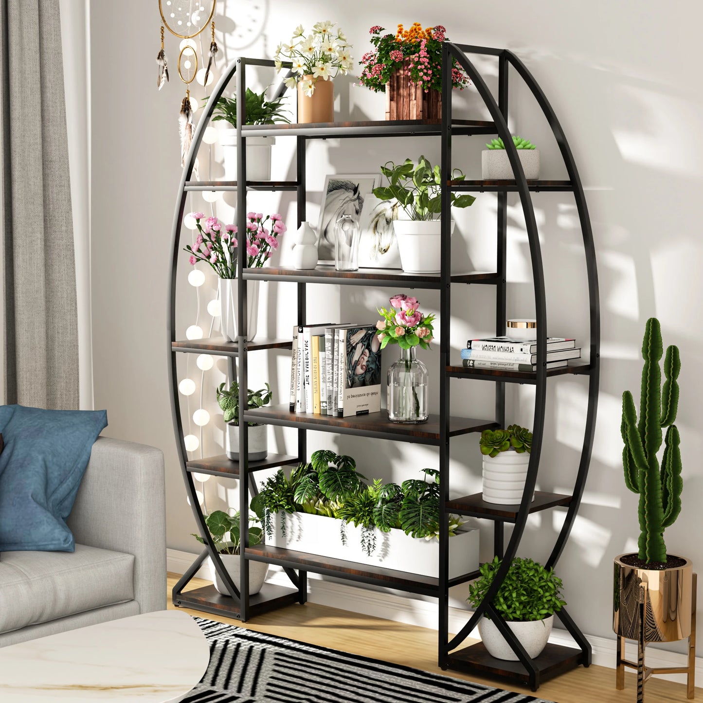 Half-Moon Shape Plant Stand Bookshelf, Multiiter Ladder, Garden Flower Rack for Home Patio Garden , Industrial Style