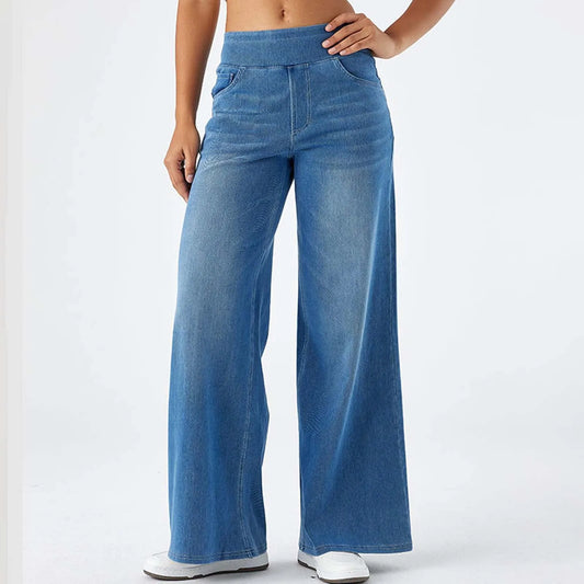 Women Baggy Jeans Streetwear High Waist Wide Leg Denim Pants Retro Elastic Waist Blue Loose Female Trousers