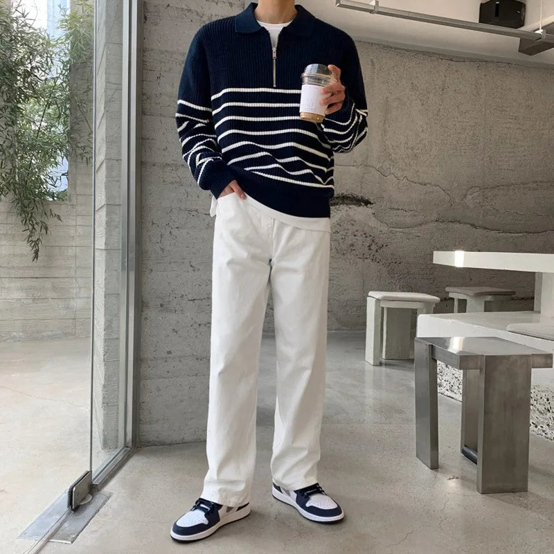 Autumn Korean Men's Light Style Lapel Long Sleeve Sweater Fashion High-end Loose Retro Casual Half Zip Striped Sweater Top