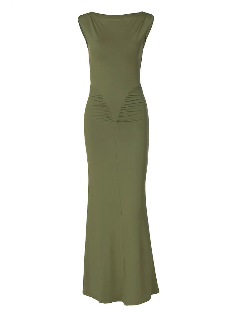 Women Elegant Long Ruched Bodycon Sleeveless Solid long Dresses