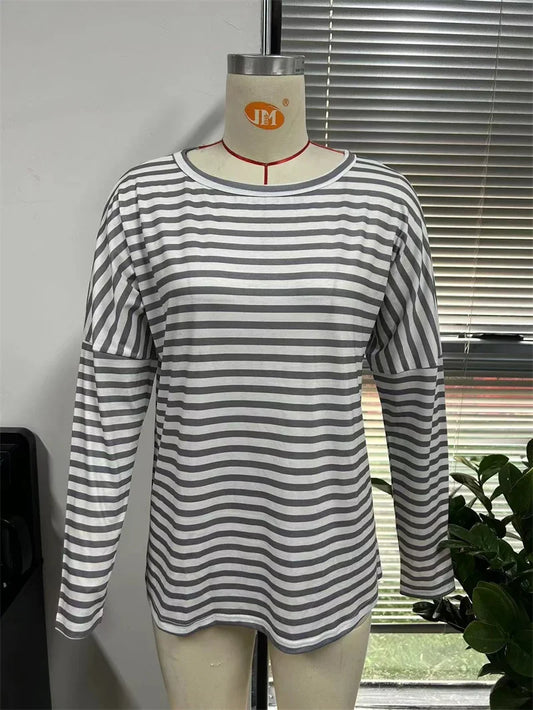 Spring Autumn Women's T-shirts Stripe Print Fashion Print Long Sleeves T shirt Casual Loose Streetwear Y2K Women Sweatshirt Tops