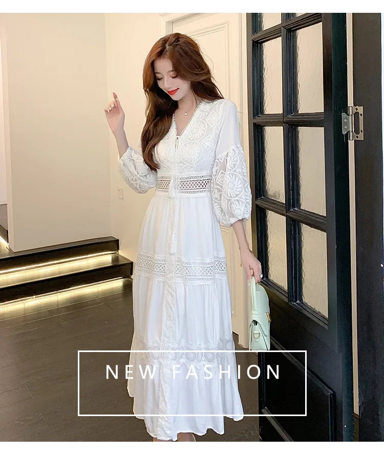 2025 Women's New Spring/Summer White Hollow Sweet Dress Fashion French Bubble Sleeve Knee length Skirt European and American