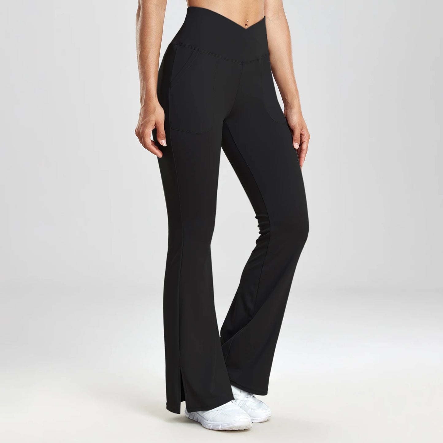 V-shaped Split Flared Pants Women Pockets Leggings Solid Color High Waist Casual Simple Style Pants Daily Office Elastic Legging