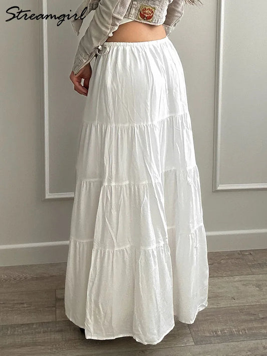 Brown Long Skirt Women Summer Cotton Ruffle Floral Skirt Woman Luxury Green Tie Up Loose White Women Long Skirts High Waisted