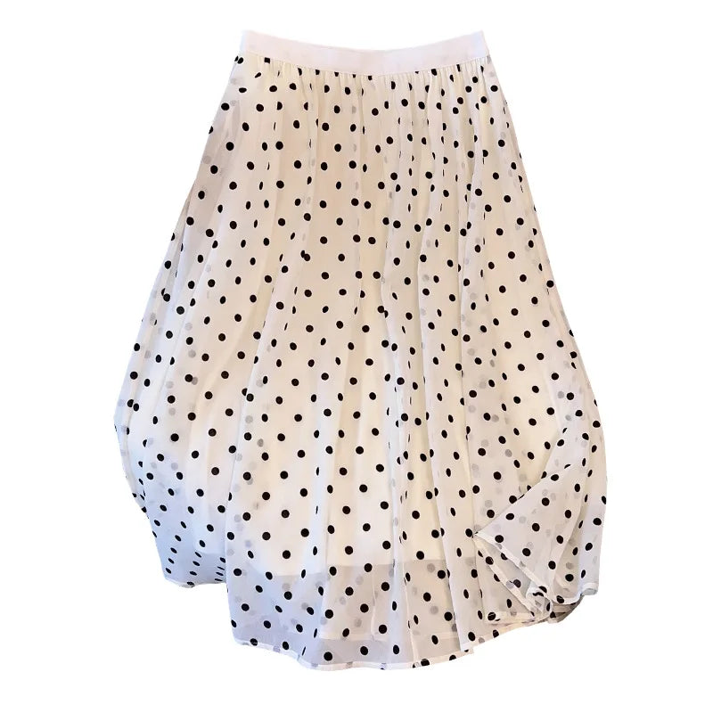 175Kg Plus Size Women Hip 175 Summer Loose A-Line Polka Dot Chiffon Skirt Black Apricot 4XL 5XL 6XL 7XL 8XL 9XL