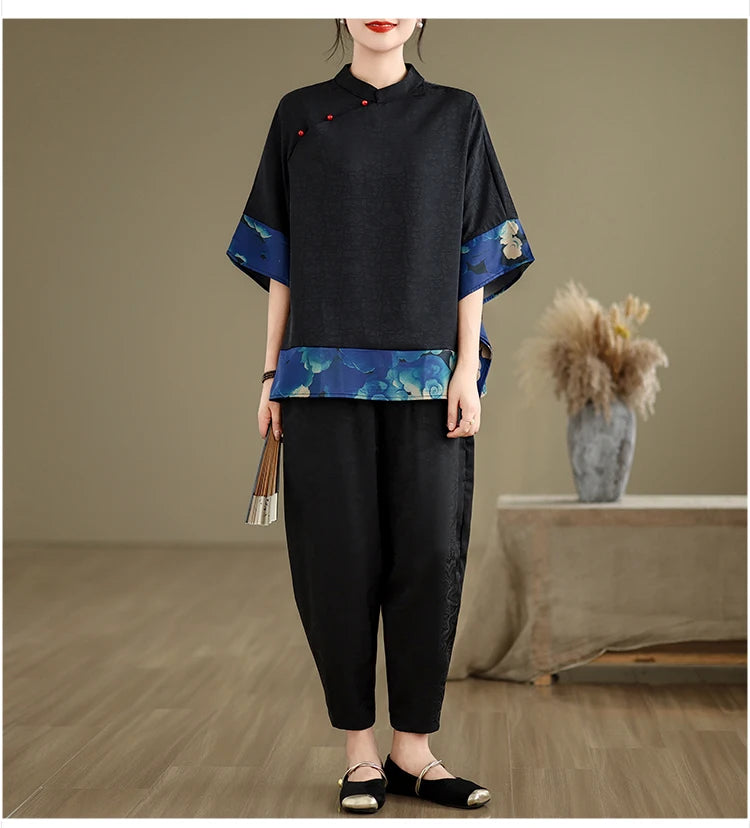 Mulberry Silk Chinese Style T-shirt for Women Spring Summer Fashion Vintage Patchwork Half Sleeve Cloud Embroidery Female Blouse