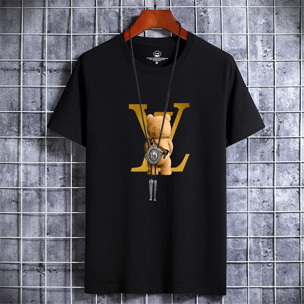 Summer Men's Luxury Casual T-Shirt Retro Y2k Designer Short Sleeve Tees Male Vintage Cotton Trendy High Quality Bear Print Tops