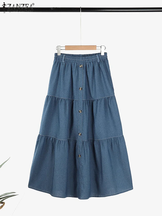 Autumn Elastic Waist Solid Skirts ZANZEA Fashion Women Denim Blue Skirt Elegant A-line Work Overskirts Casual Loose Holiday Jupe
