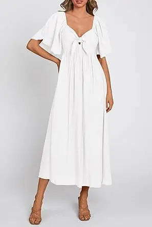 2025 Spring/Summer Women's Dress Fashion New V-neck Bow Fold Medium Length Short Sleeved Dress Printed Holiday Beach Long Dress