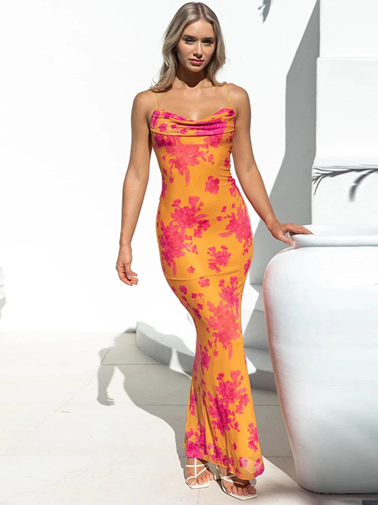 Floral Sleeveless Maxi Dress Backless Swinging Collar Summer Women Clothes